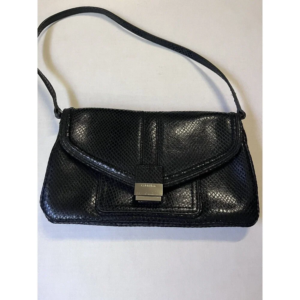 Calvin Klein Vintage Black Leather SnakeSkin Flap Shoulder HandBag with Mirror